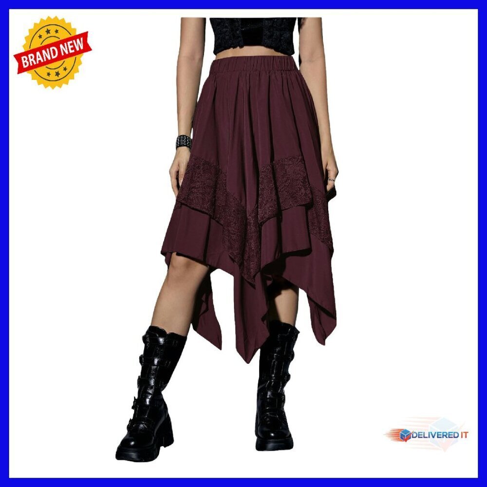 Women's Renaissance Flowy Fairy Skirt Lace Asymmetrical Midi Size S